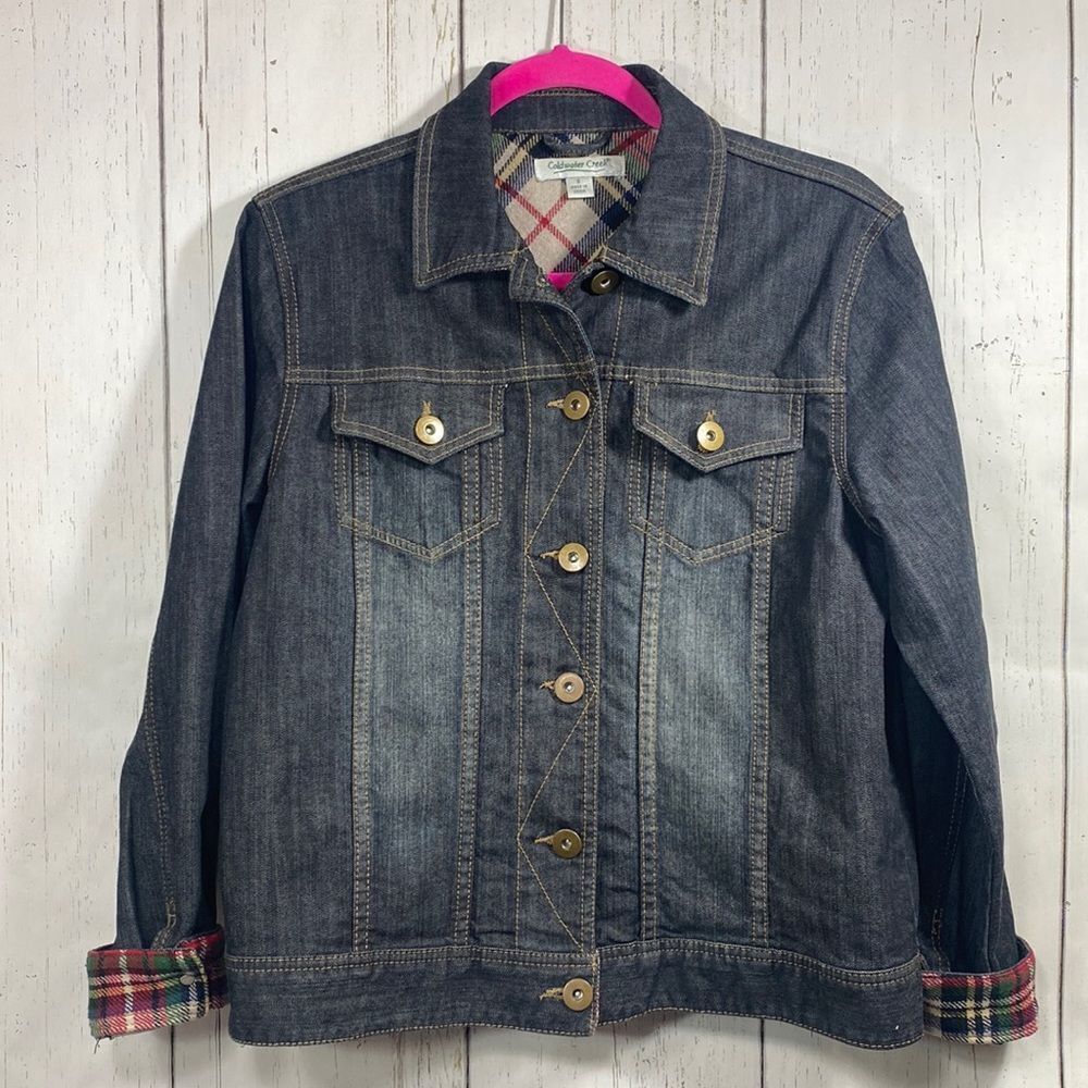 Coldwater Creek Plaid Lined Denim Jacket Womens S Preppy Classic Coastal